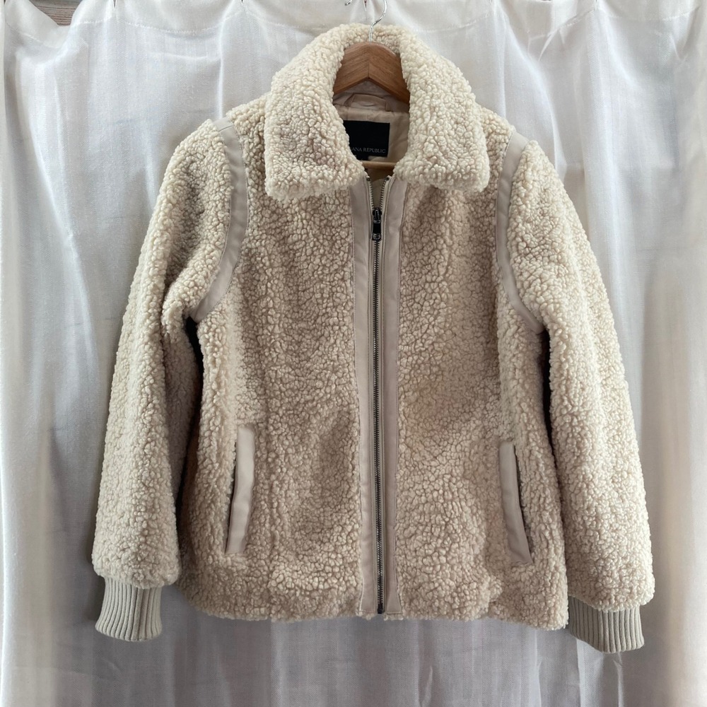 Banana Republic Sherpa Collar Jacket Cream Beige Zip Up Teddy Bear Style Size S